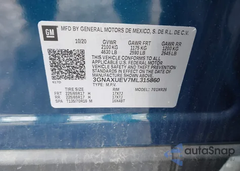 2021 Chevrolet Equinox Awd Lt из США, поврежденный, VIN 3GNAXUEV7ML315860